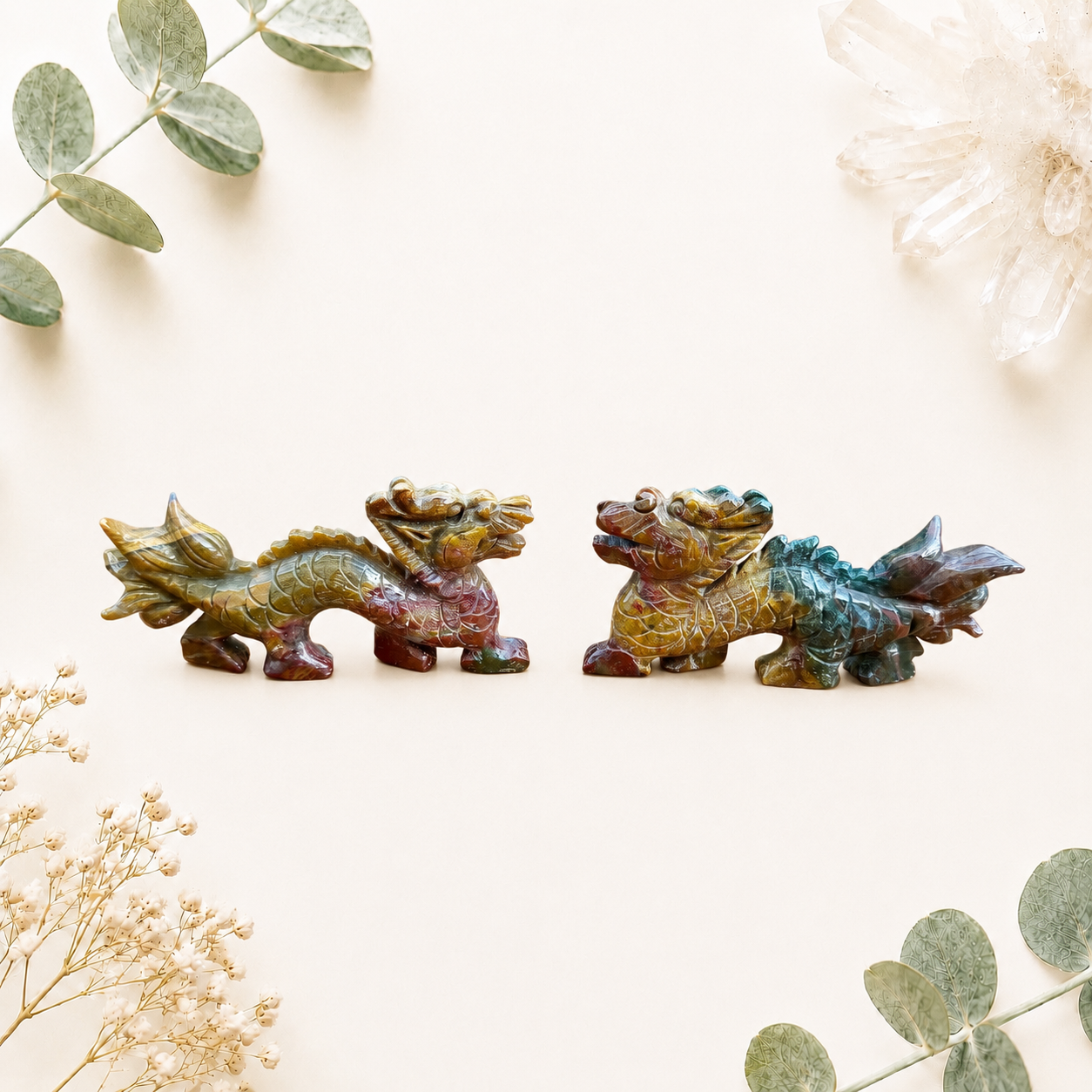 Sculpture dragon chinois en jaspe océan pierre semi précieuses