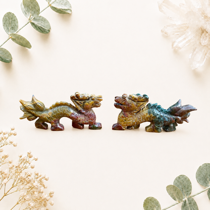 Sculpture dragon chinois en jaspe océan pierre semi précieuses