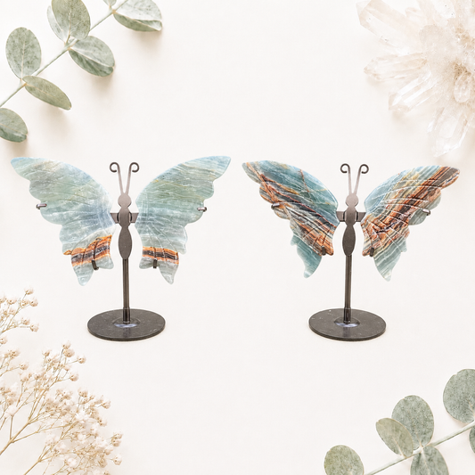 Ailes papillon en onyx bleu pierre naturelle semi précieuse