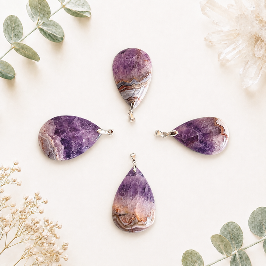 Pendentif en améthyste et agate dentelle blanche pierre naturelle semi précieuse