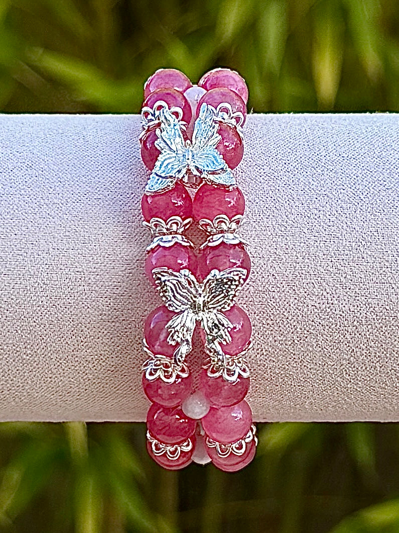 Bracelet papillon rose pierre semi précieuse - Creation by L.