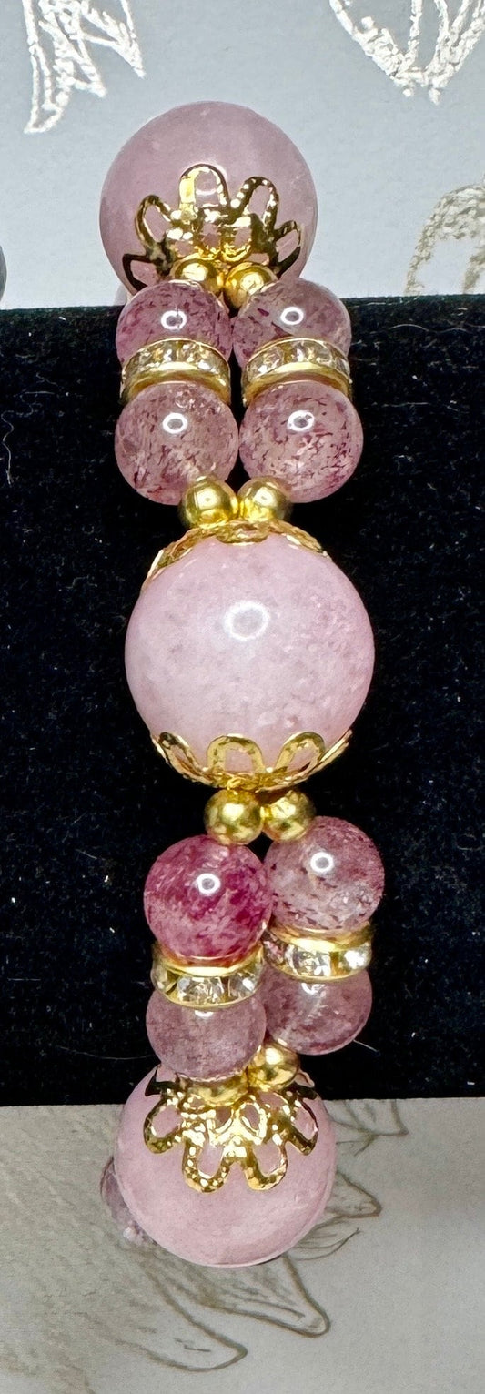 Bracelet en quartz fraise et morganite rose pierre semi précieuse