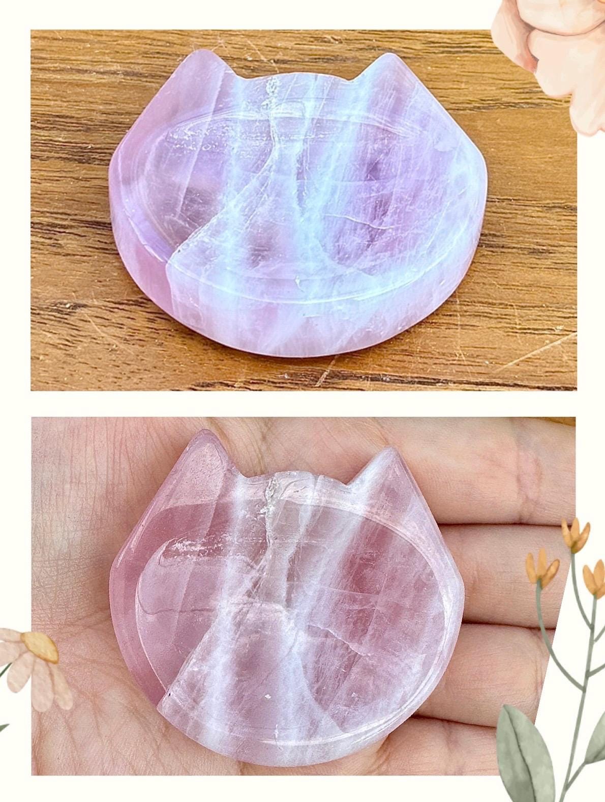 Petite coupelle tête de chat en quartz rose - support pour les bijoux