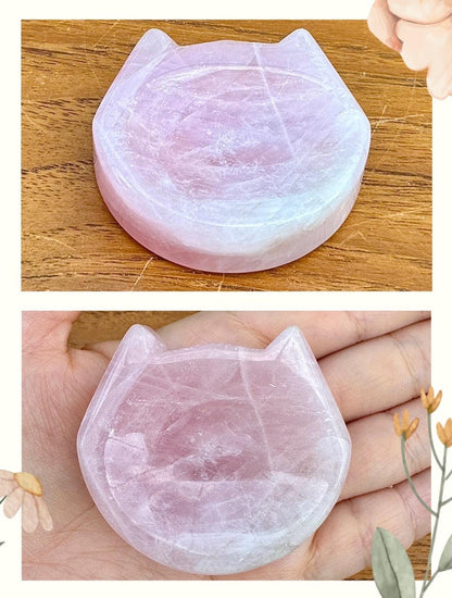 Petite coupelle tête de chat en quartz rose - support pour les bijoux