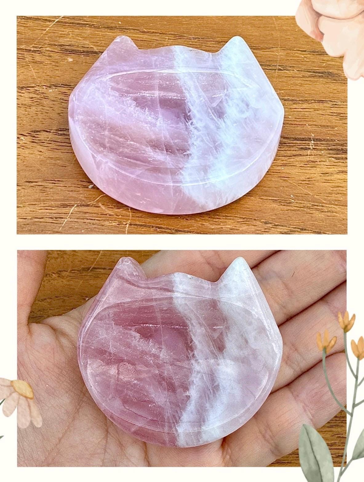 Petite coupelle tête de chat en quartz rose - support pour les bijoux