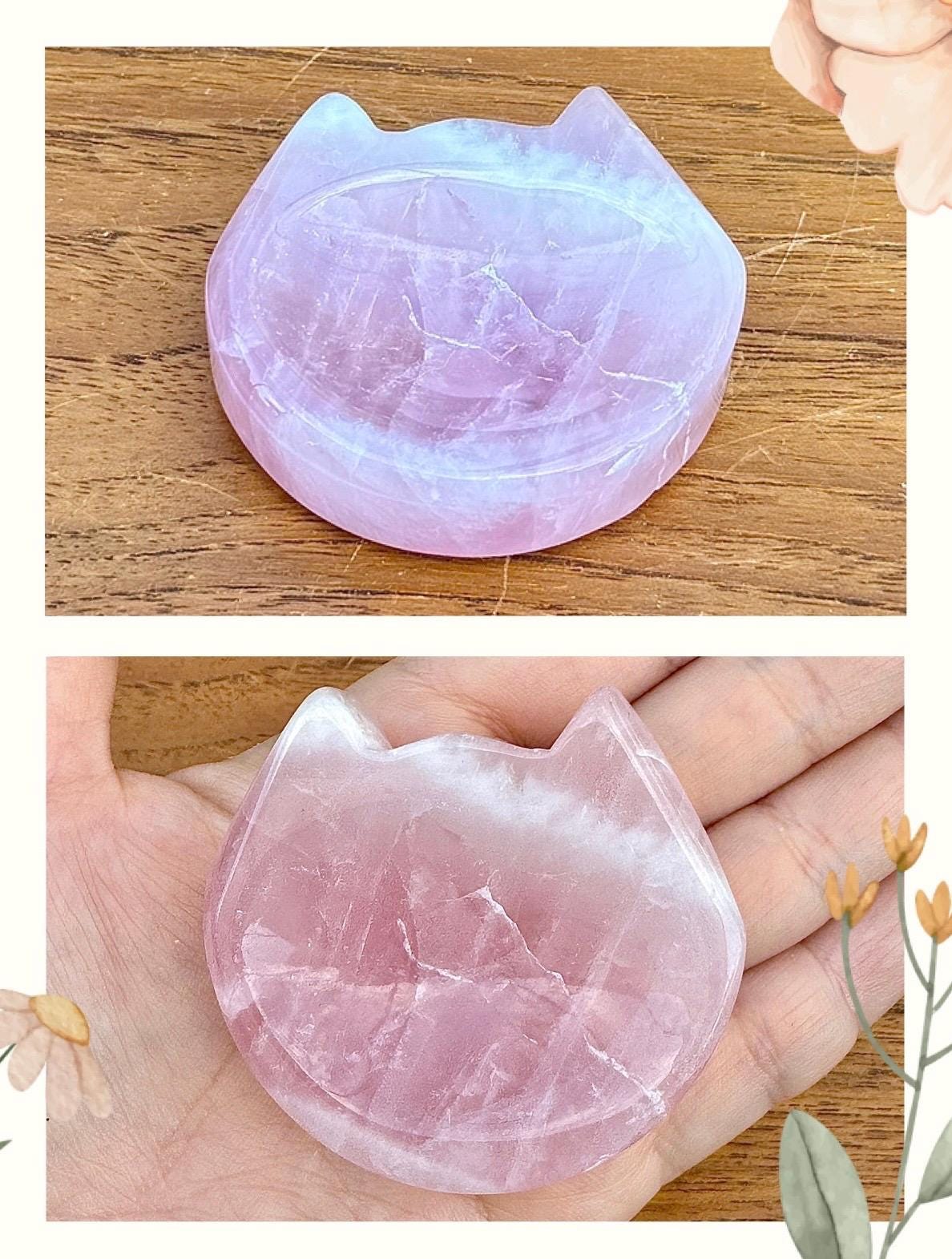 Petite coupelle tête de chat en quartz rose - support pour les bijoux