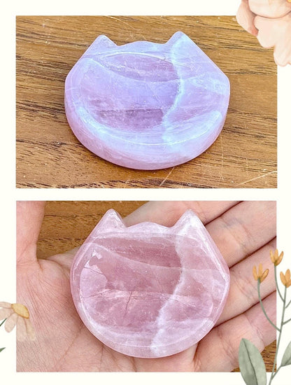 Petite coupelle tête de chat en quartz rose - support pour les bijoux