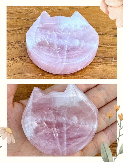 Petite coupelle tête de chat en quartz rose - support pour les bijoux