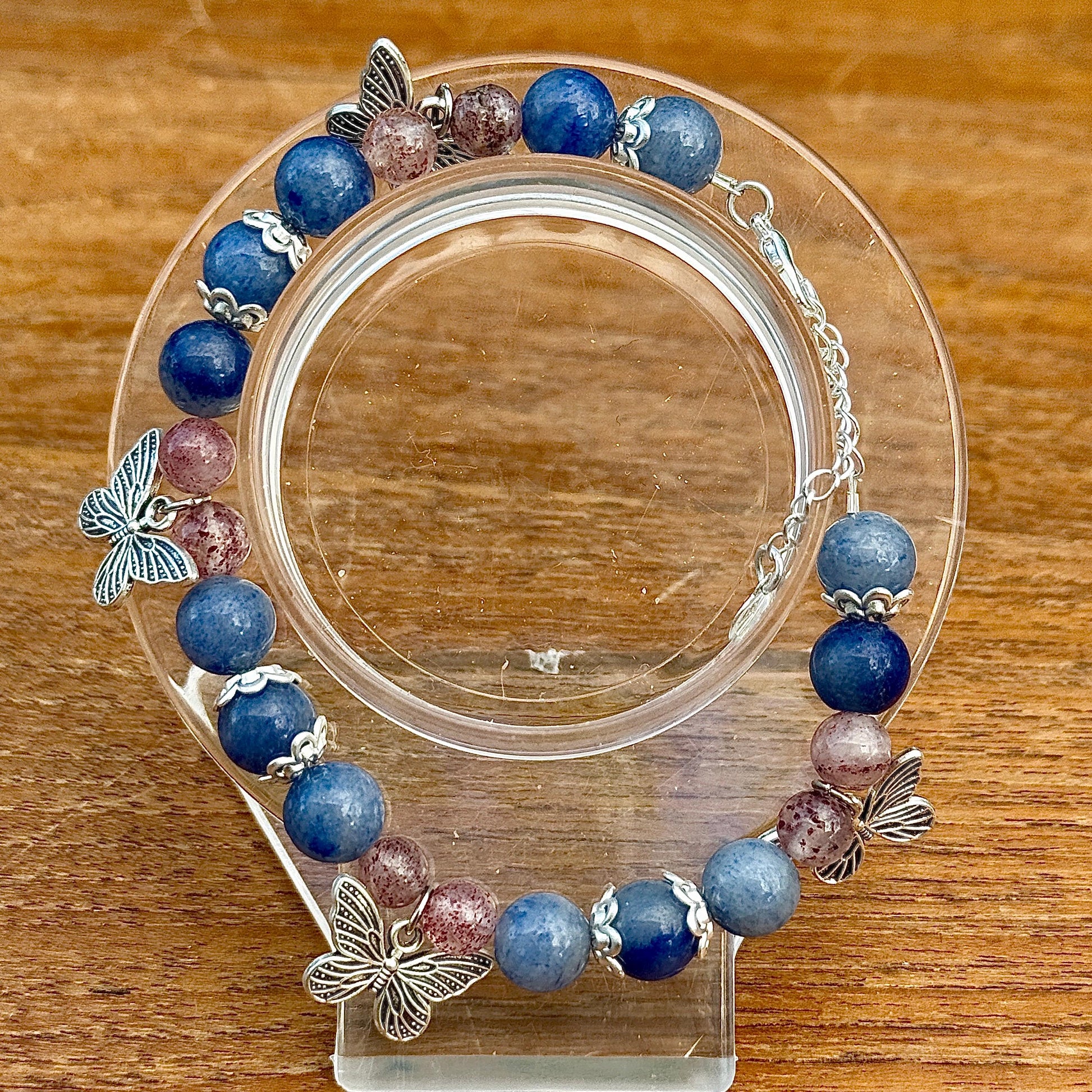 Bracelet en aventurine bleue et quartz fraise pierre semi précieuse