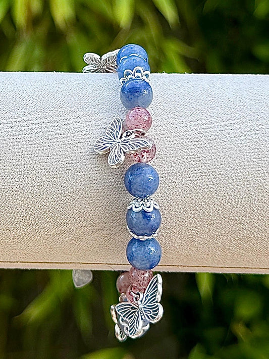 Bracelet en aventurine bleue et quartz fraise pierre semi précieuse