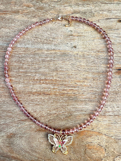 Collier papillon en quartz fraise pierre naturelle semi précieuse